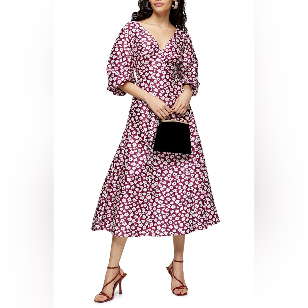 Red Blue White  Topshop Daisy Puff Sleeve Midi Dress